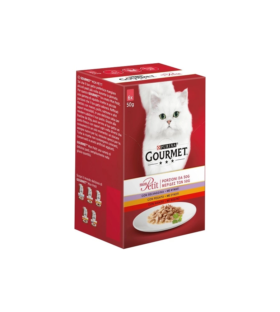 GOURMET MON PETIT ALIMENTO PER GATTO UMIDO CON SELVAGGINA, FEGATO E MANZO 6X50 GR.