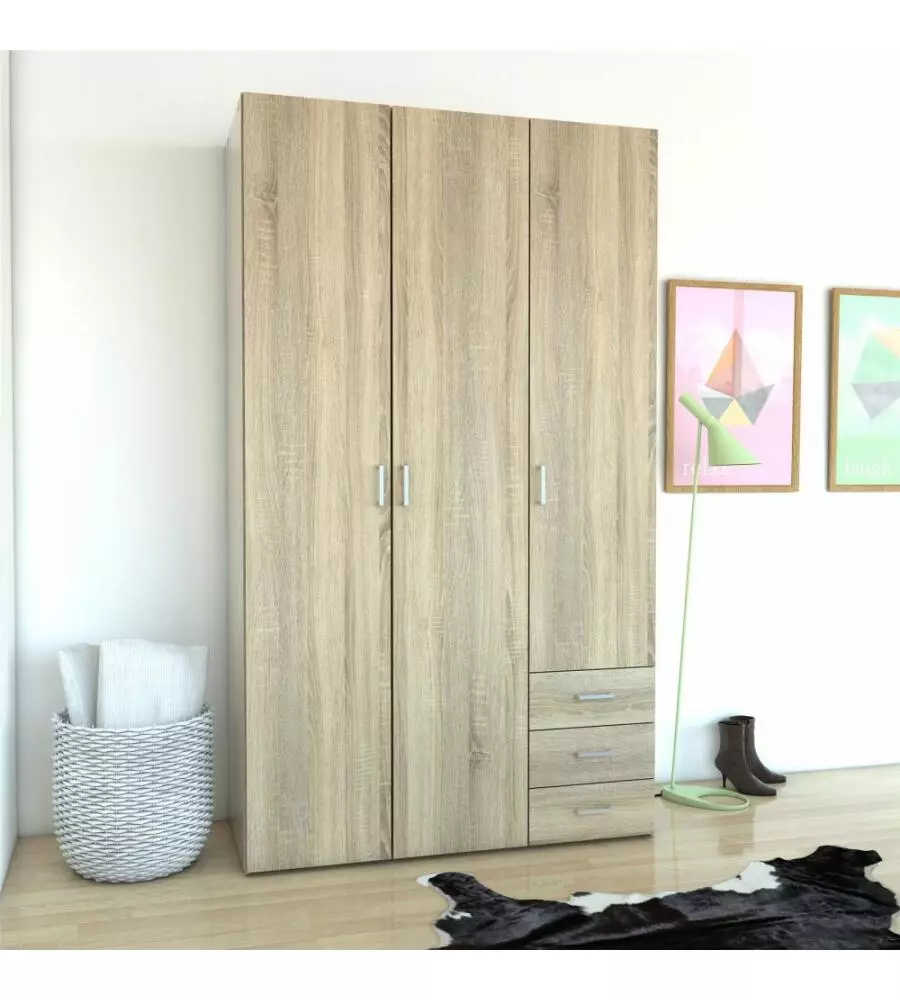 ARMADIO "SPACE" CON 3 ANTE E 3 CASSETTI EFFETTO QUERCIA, 115,8X49,50X200,40H CM