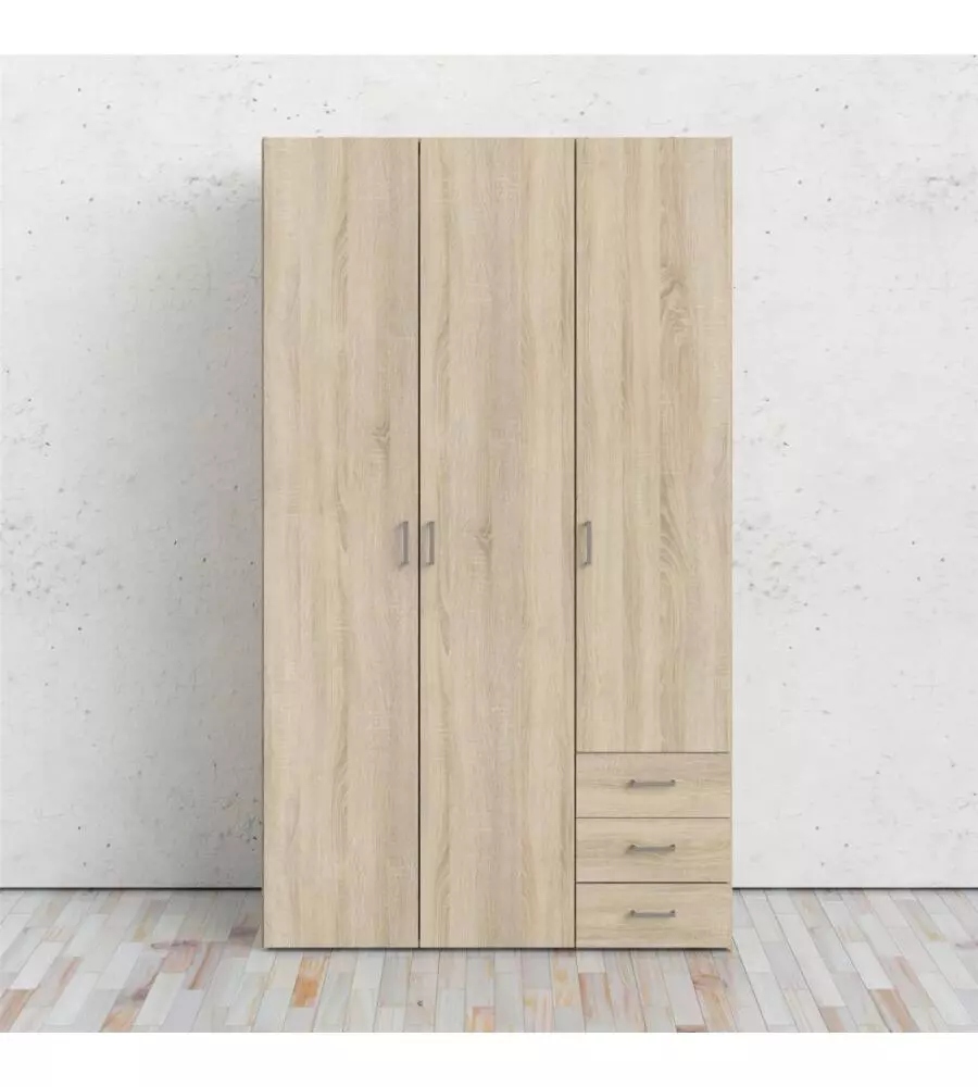 ARMADIO "SPACE" CON 3 ANTE E 3 CASSETTI EFFETTO QUERCIA, 115,8X49,50X200,40H CM
