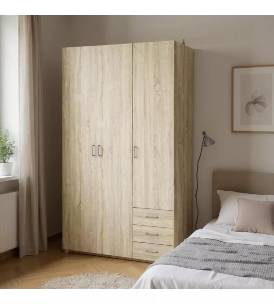 ARMADIO 3 ANTE BATTENTI "SPACE" CON 3 CASSETTI EFFETTO QUERCIA 115,8X49,50X200,40 CM