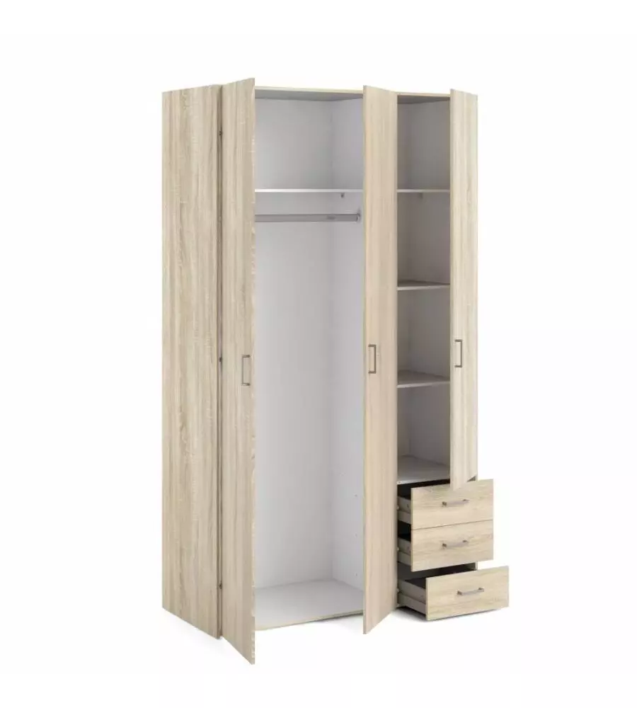 ARMADIO "SPACE" CON 3 ANTE E 3 CASSETTI EFFETTO QUERCIA, 115,8X49,50X200,40H CM