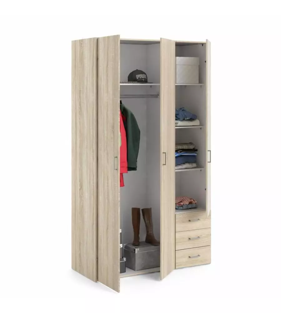 ARMADIO "SPACE" CON 3 ANTE E 3 CASSETTI EFFETTO QUERCIA, 115,8X49,50X200,40H CM