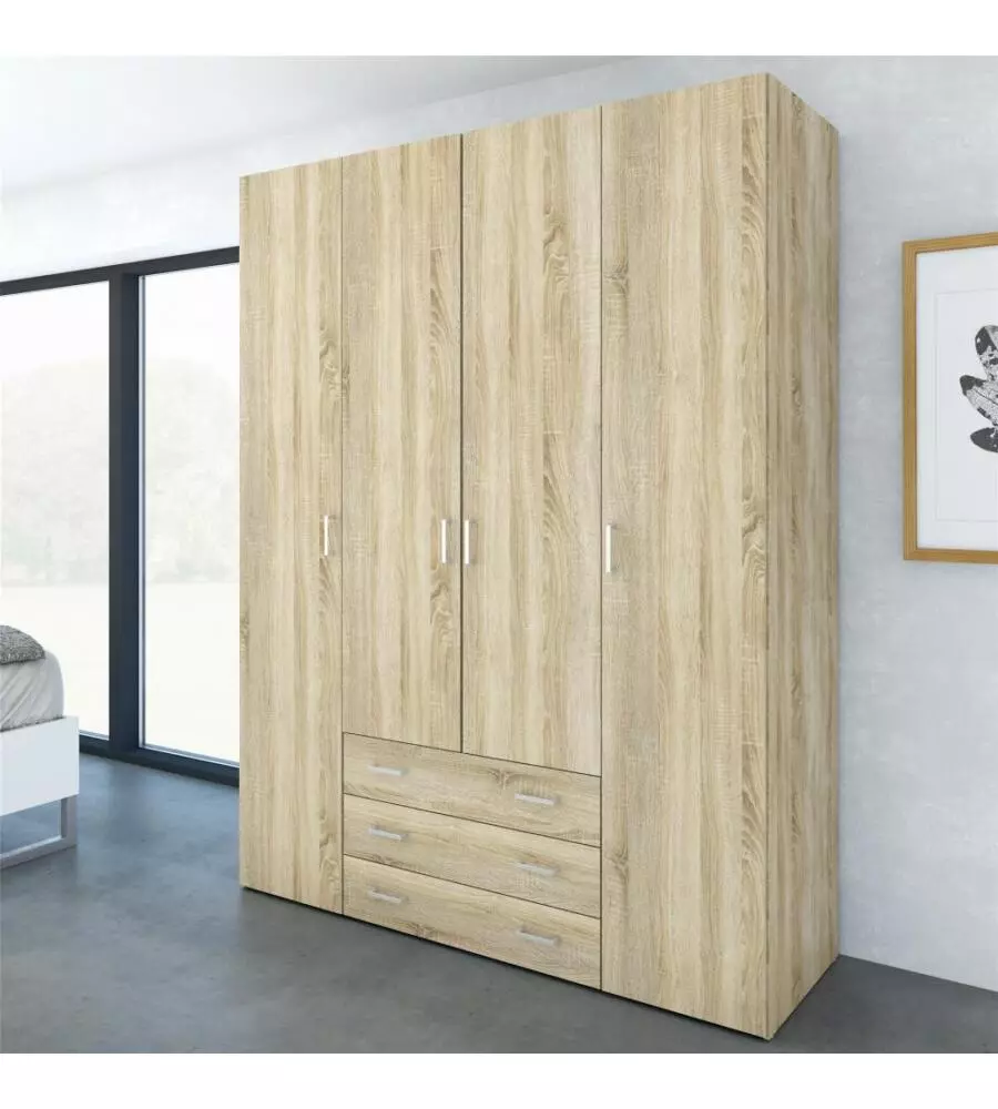 ARMADIO "SPACE" CON 4 ANTE 3 CASSETTI EFFETTO QUERCIA, 154X49,5X200,4H CM