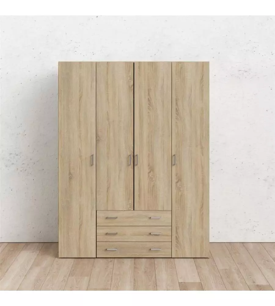 ARMADIO "SPACE" CON 4 ANTE 3 CASSETTI EFFETTO QUERCIA, 154X49,5X200,4H CM
