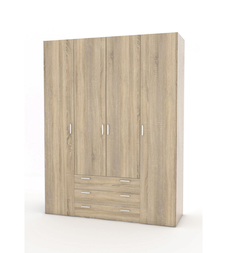 ARMADIO "SPACE" CON 4 ANTE 3 CASSETTI EFFETTO QUERCIA, 154X49,5X200,4H CM