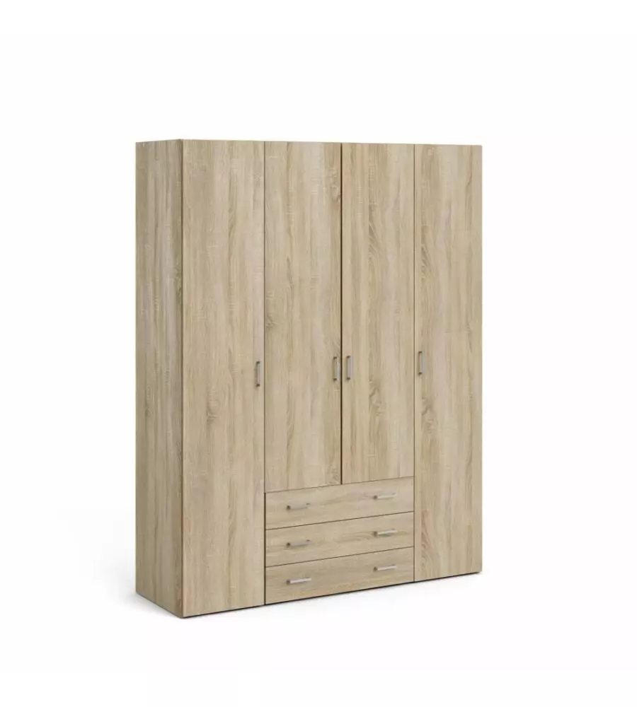ARMADIO "SPACE" CON 4 ANTE 3 CASSETTI EFFETTO QUERCIA, 154X49,5X200,4H CM