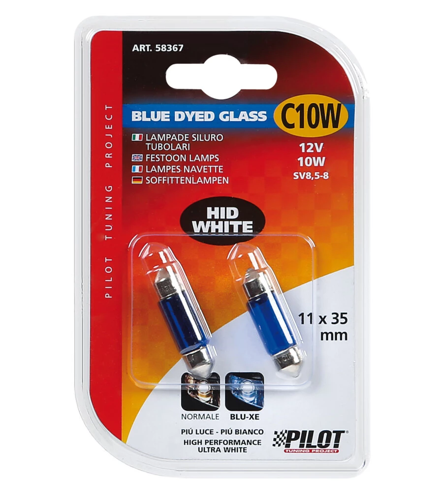 LAMPADA SILURO BLUE DYED GLASS 12V - (C10W) - 11X35 MM - 10W - SV8,5-8 - 2 PZ  - BLISTER  58367