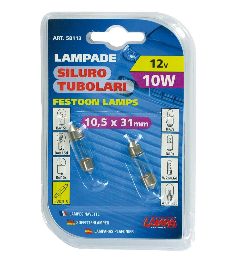 LAMPADA SILURO 12V - 11X31 MM - 10W - SV8,5-8 - 2 PZ  - D/BLISTER  58113
