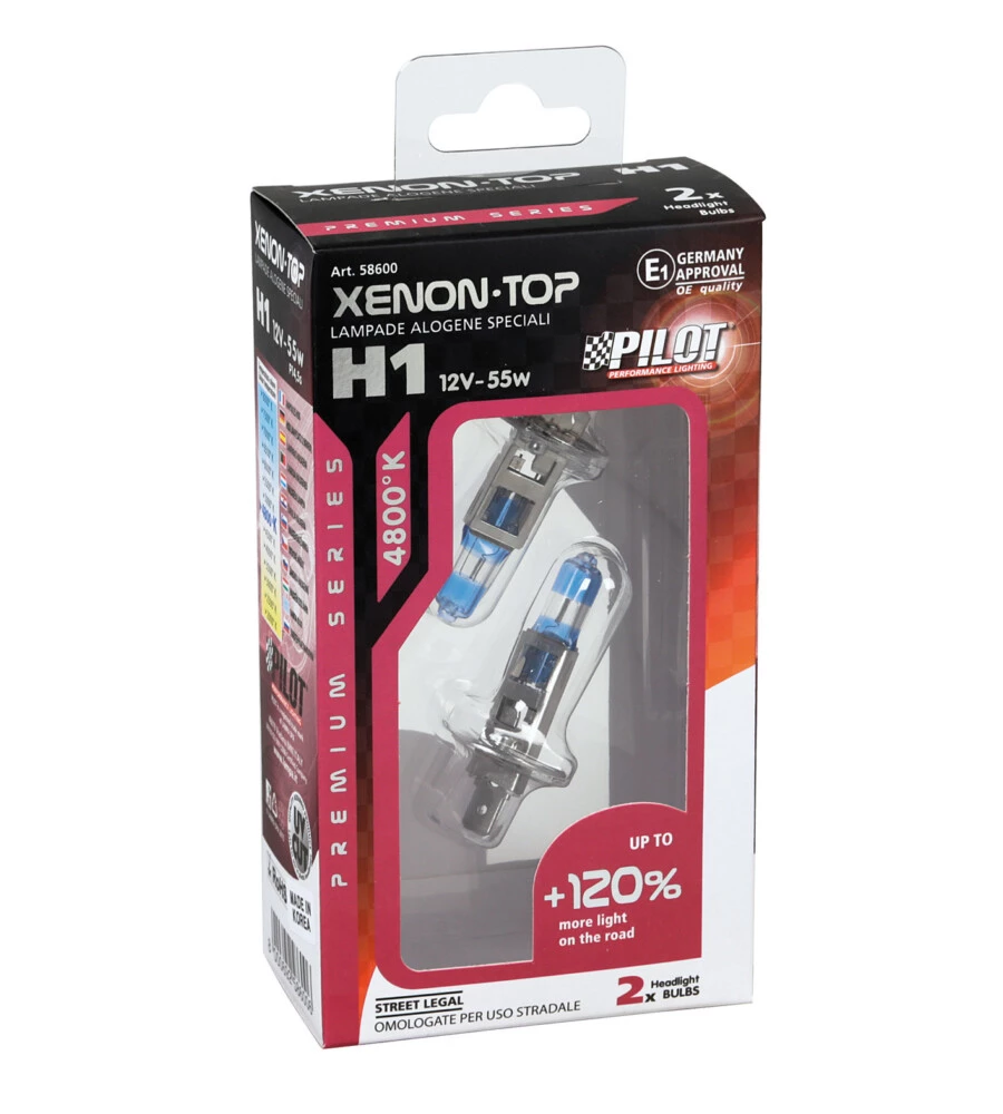LAMPADA ALOGENA 12V XENON TOP +120% LUCE - H1 - 55W - P14,5S - 2 PZ  - SCATOLA  58600