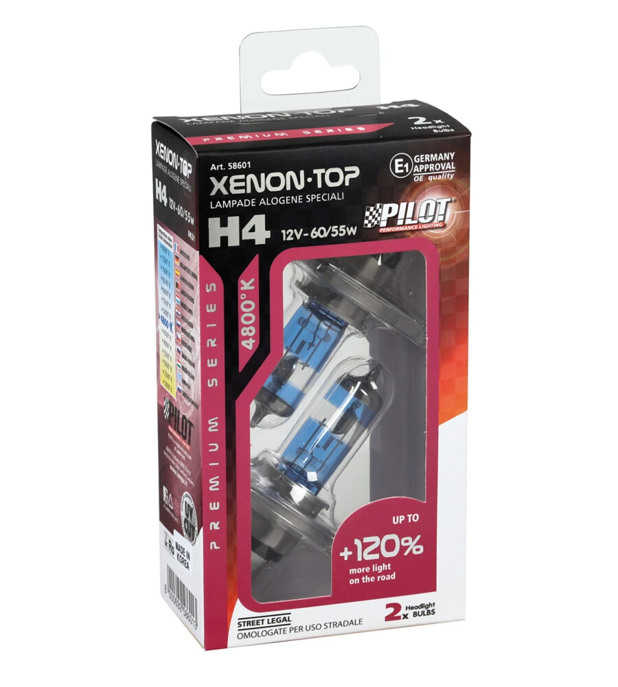 LAMPADA ALOGENA 12V XENON TOP +120% LUCE - H4 - 60/55W - P43T - 2 PZ  - SCATOLA  58601