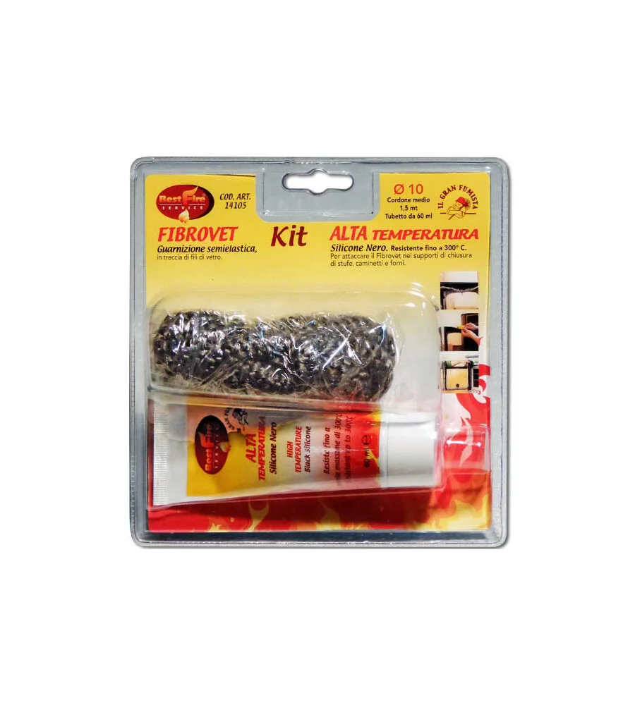 GUARNIZIONE IN FIBRA DI VETRO BEST FIRE "KIT FIBROVET" CON CORDA 1,5 MT, DIAMETRO 10 MM E TUBETTO SILICONE NERO DA 60 ML