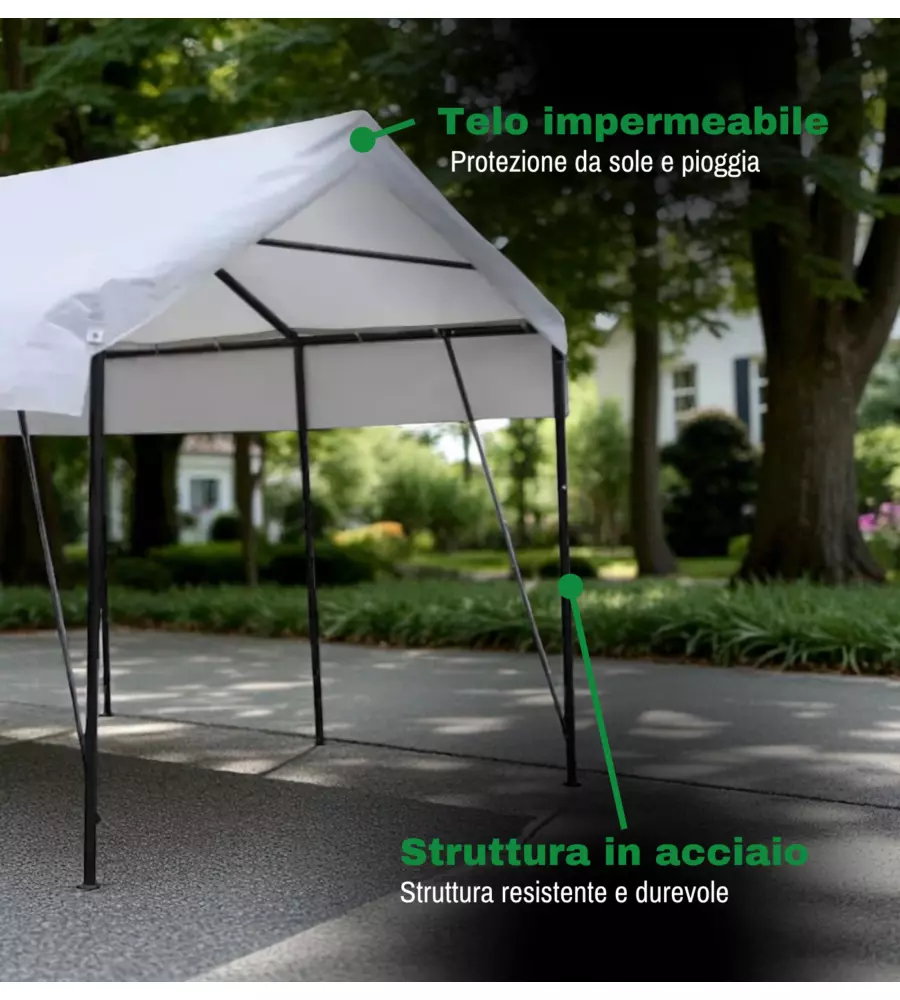 TETTOIA AUTO SINGOLA EUROGARDEN "ERCOLE" IN ACCIAIO E TESSUTO BIANCO 270X490X270 CM