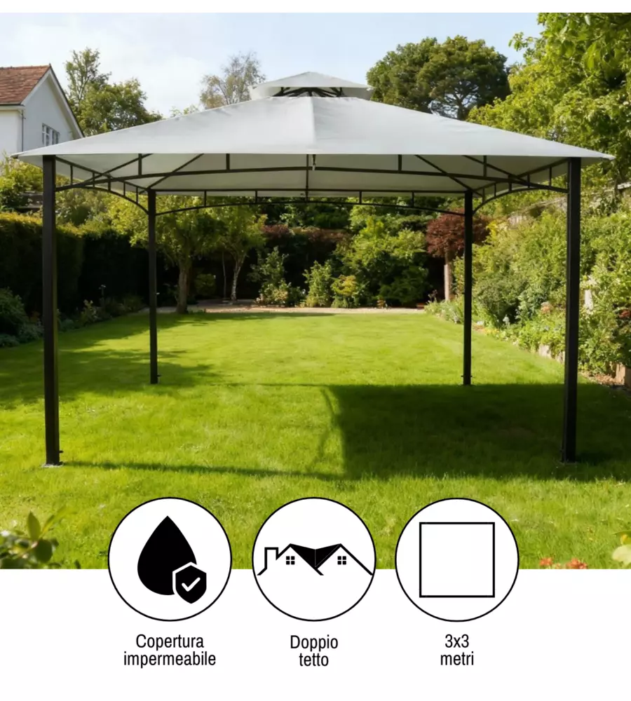 GAZEBO DA GIARDINO CON DOPPIO TETTO EUROGARDEN "DELUXE" IN ACCIAIO ECRÙ 3X3 M