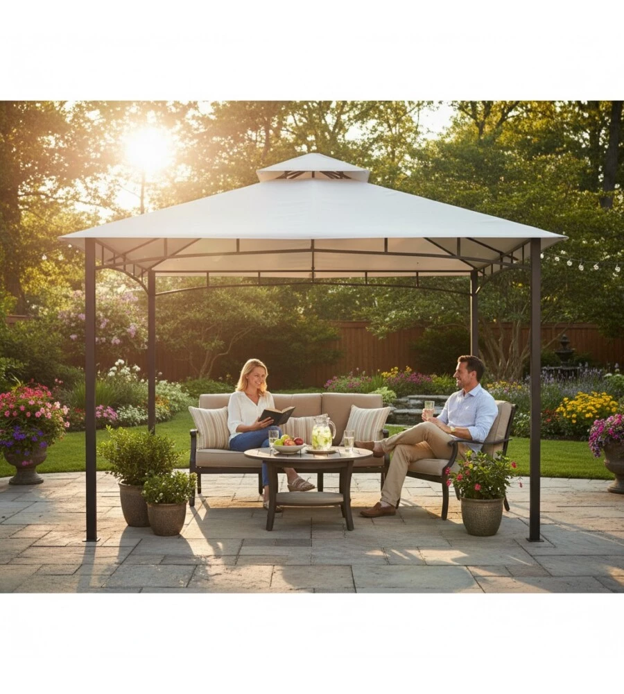 GAZEBO DA GIARDINO CON DOPPIO TETTO EUROGARDEN "DELUXE" IN ACCIAIO ECRÙ 3X3 M