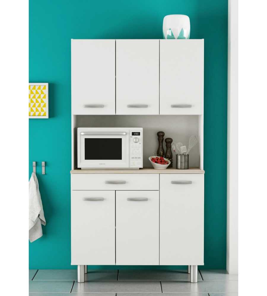 MOBILE BUFFET CON 6 ANTE E 1 CASSETTO BIANCO E ACACIA, 101x42,3x185,3 CM