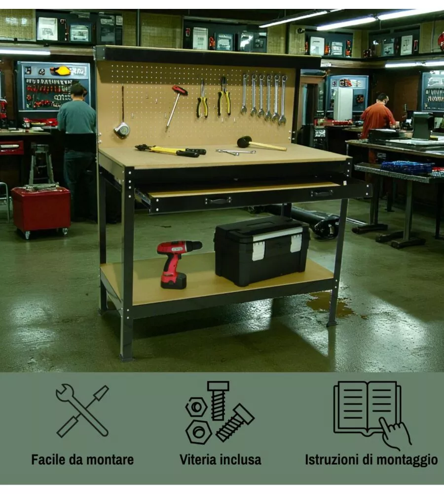 BANCO DA LAVORO EASY SYSTEM CON PANNELLO PREFORATO IN METALLO E MDF 119X59X90/150 CM