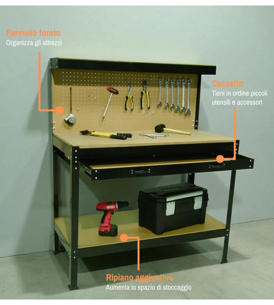 BANCO DA LAVORO EASY SYSTEM CON PANNELLO PREFORATO IN METALLO E MDF 119X59X90/150 CM