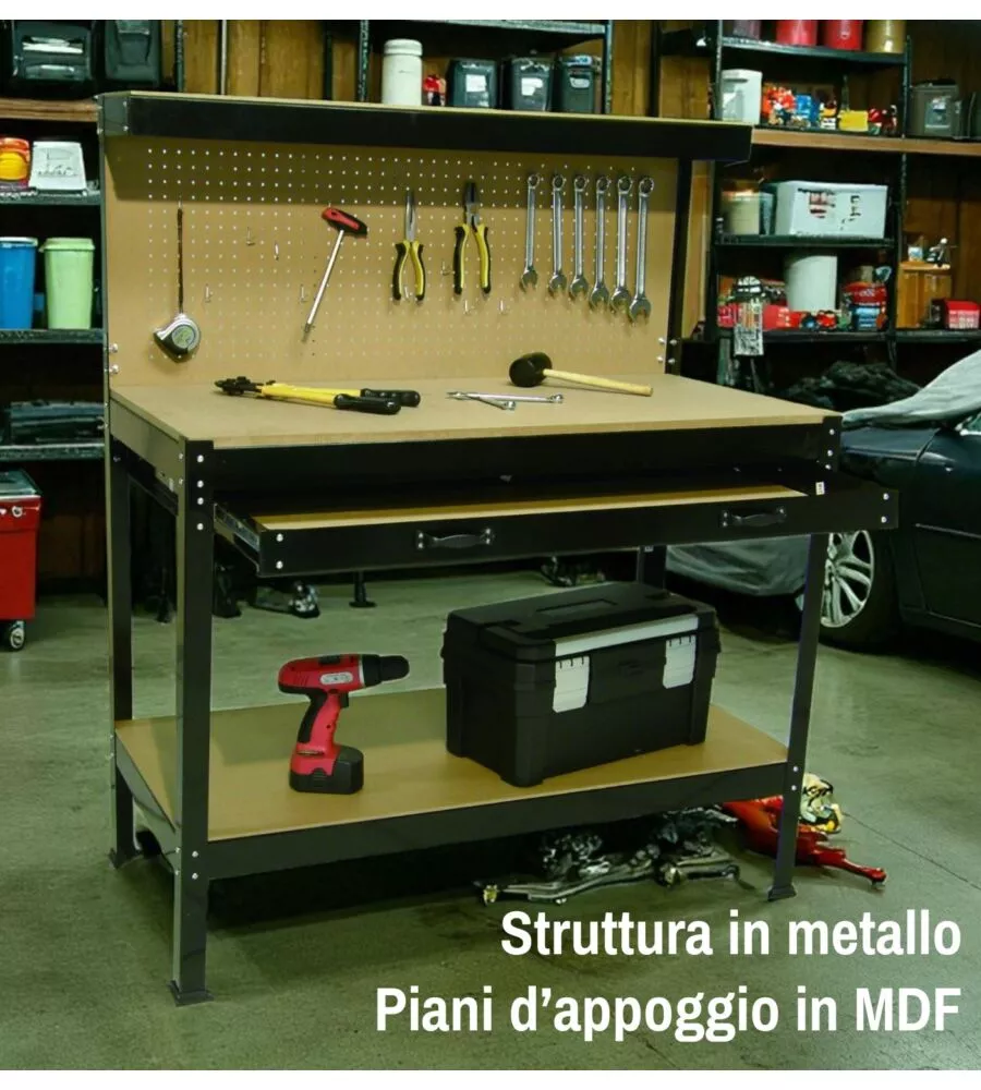 BANCO DA LAVORO EASY SYSTEM CON PANNELLO PREFORATO IN METALLO E MDF 119X59X90/150 CM