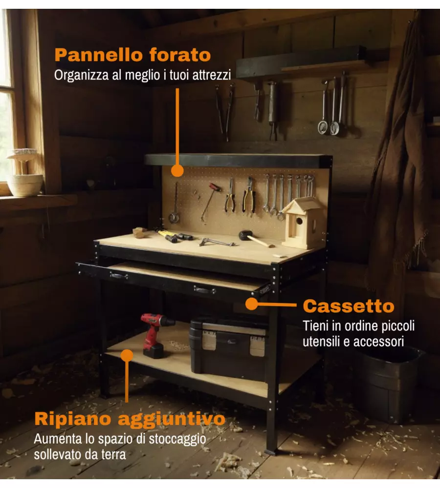 BANCO DA LAVORO EASY SYSTEM CON PANNELLO PREFORATO IN METALLO E MDF 119X59X90/150 CM