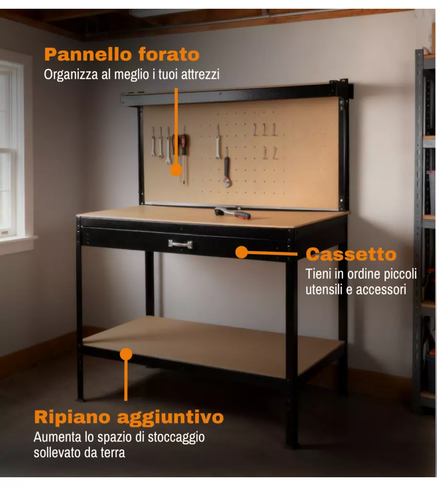 BANCO DA LAVORO EASY SYSTEM CON PANNELLO PREFORATO IN METALLO E MDF 119X59X90/150 CM