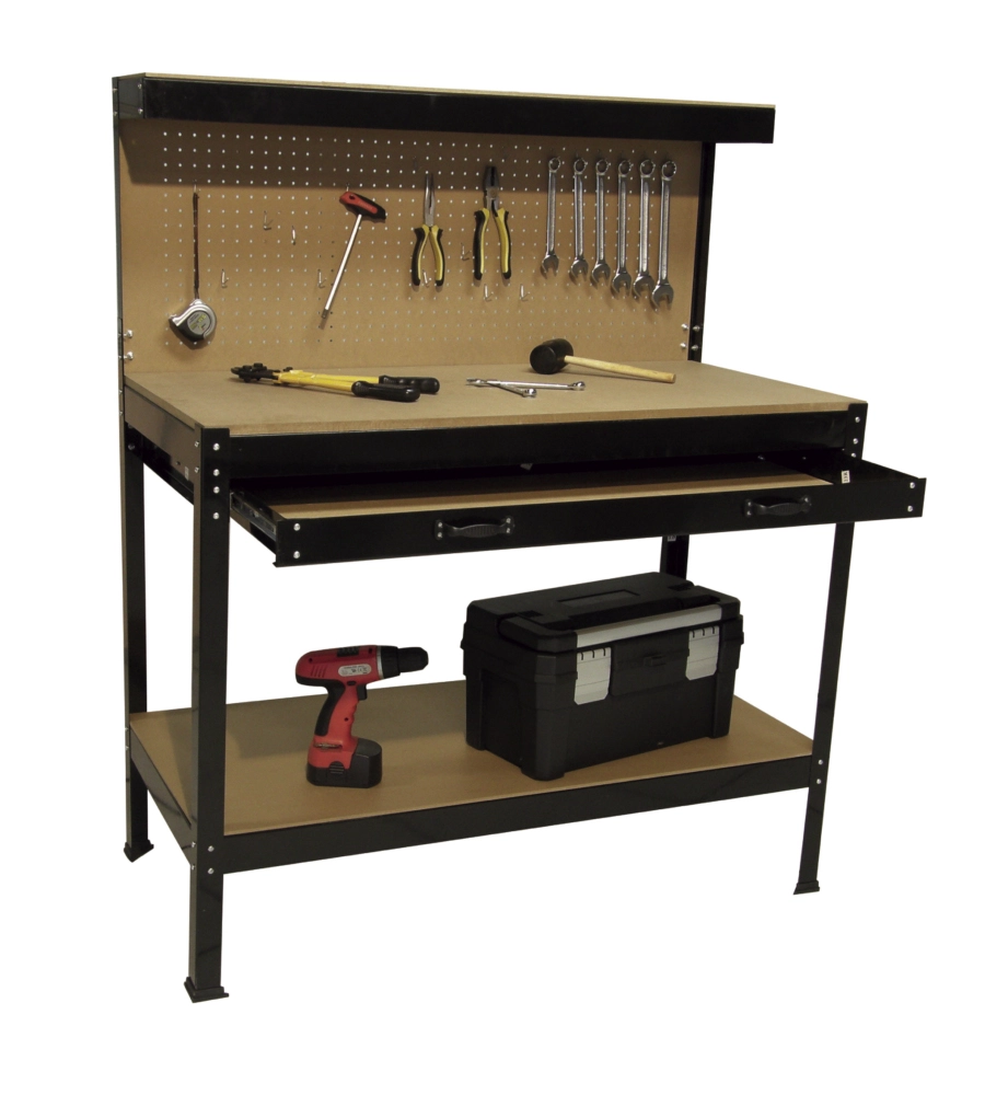 BANCO DA LAVORO EASY SYSTEM CON PANNELLO PREFORATO IN METALLO E MDF 119X59X90/150 CM