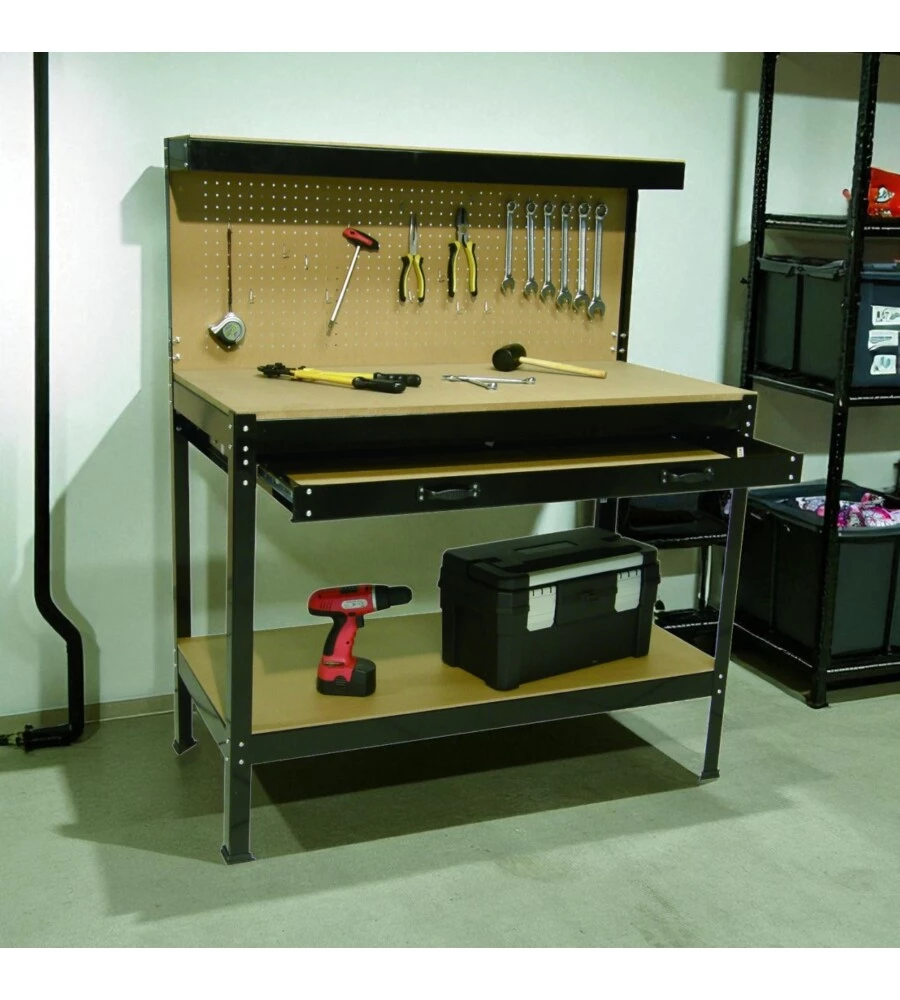 BANCO DA LAVORO EASY SYSTEM CON PANNELLO PREFORATO IN METALLO E MDF 119X59X90/150 CM