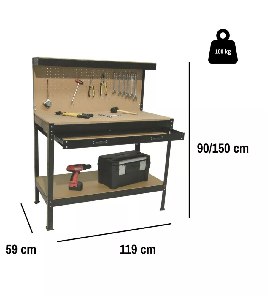 BANCO DA LAVORO EASY SYSTEM CON PANNELLO PREFORATO IN METALLO E MDF 119X59X90/150 CM
