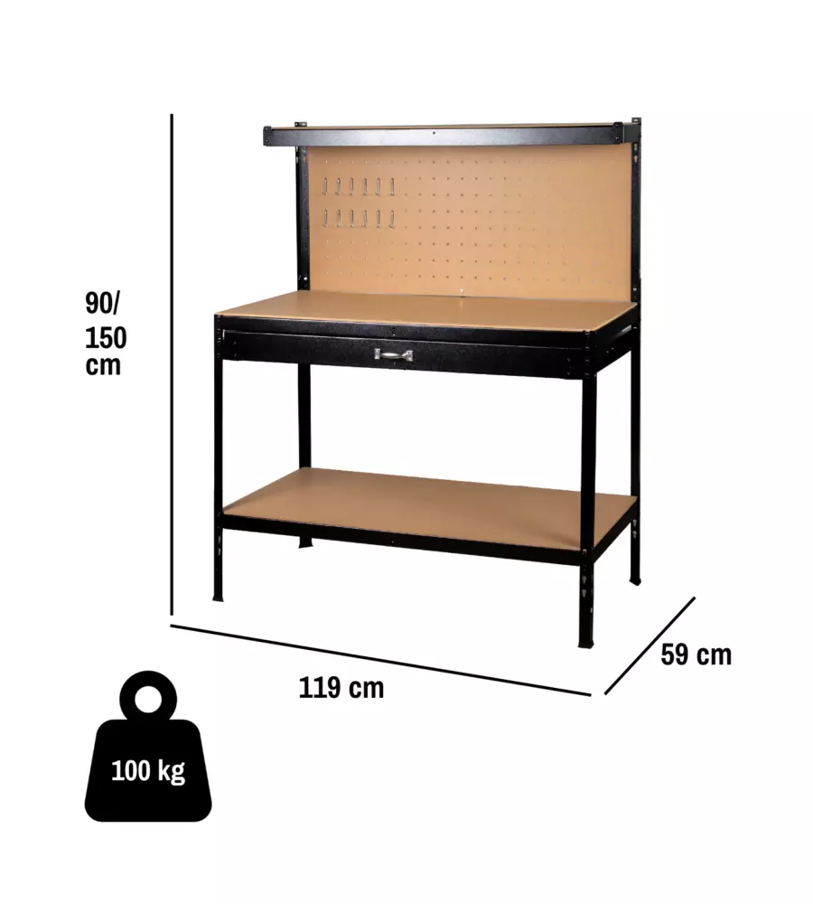 BANCO DA LAVORO EASY SYSTEM CON PANNELLO PREFORATO IN METALLO E MDF 119X59X90/150 CM
