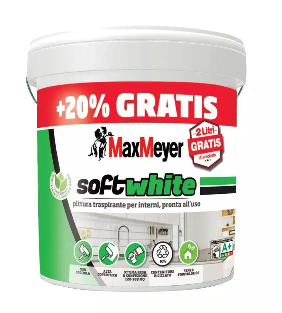 PITTURA MURALE TRASPIRANTE MAX MEYER "SOFT WHITE " BIANCO 12 LT