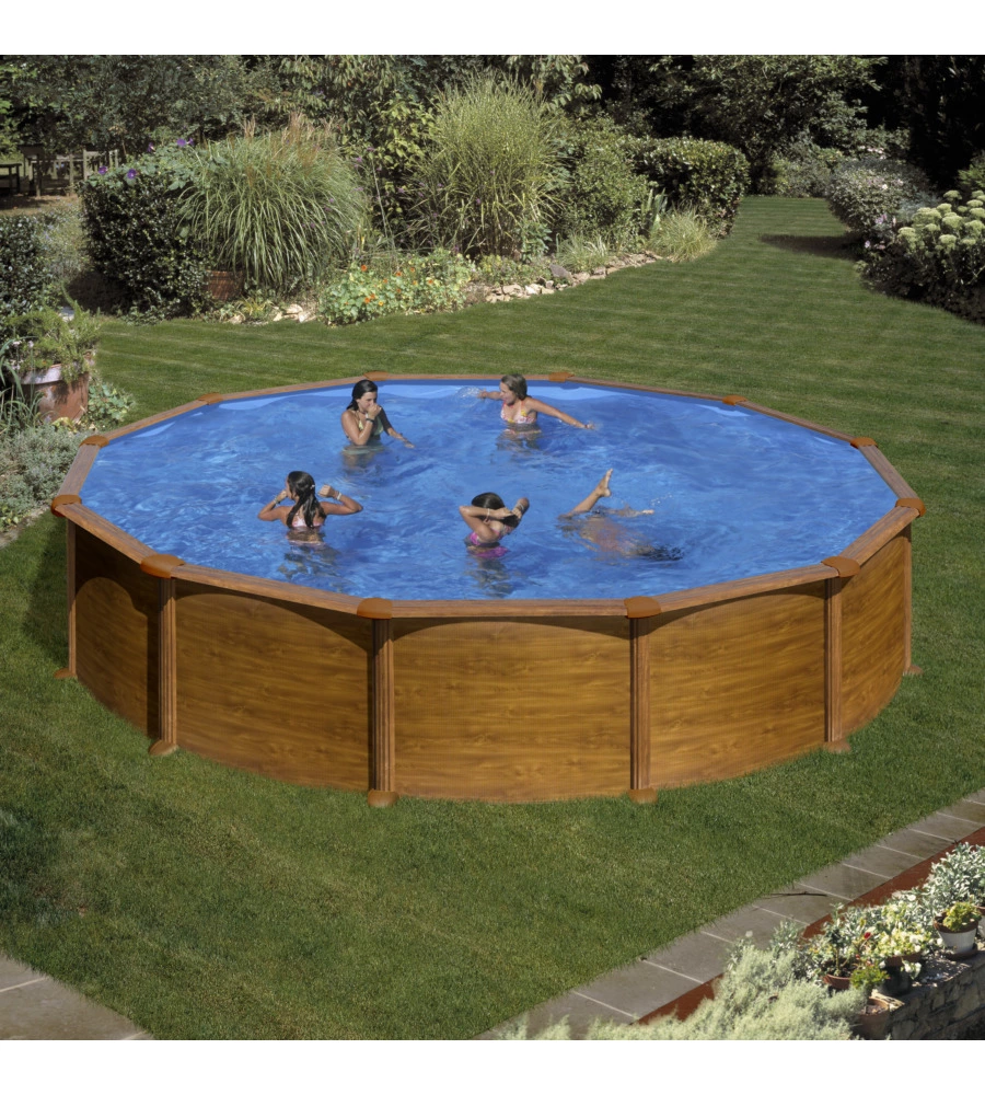 PISCINA FUORI TERRA ROTONDA GRE "MAURITIUS" IN ACCIAIO EFFETTO LEGNO 550X550X132 - COD. KITPR558WO