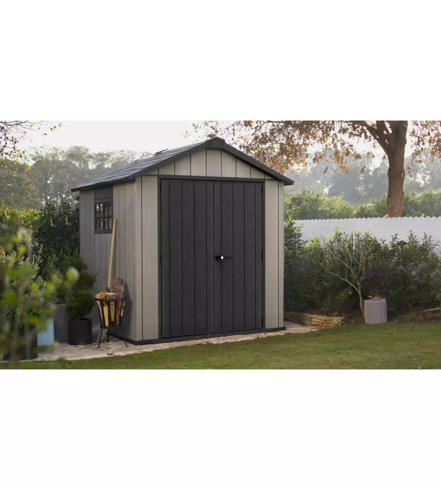 CASETTA DA GIARDINO KETER "OAKLAND 757" IN DUOTECH COLORE GRIGIO CON PORTA BATTENTE DOPPIA 229X223,5X242 CM
