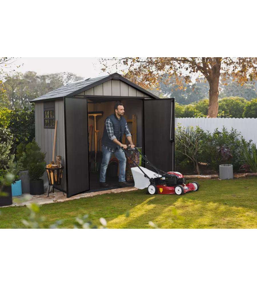 CASETTA DA GIARDINO KETER "OAKLAND 757" IN DUOTECH COLORE GRIGIO CON PORTA BATTENTE DOPPIA 229X223,5X242 CM