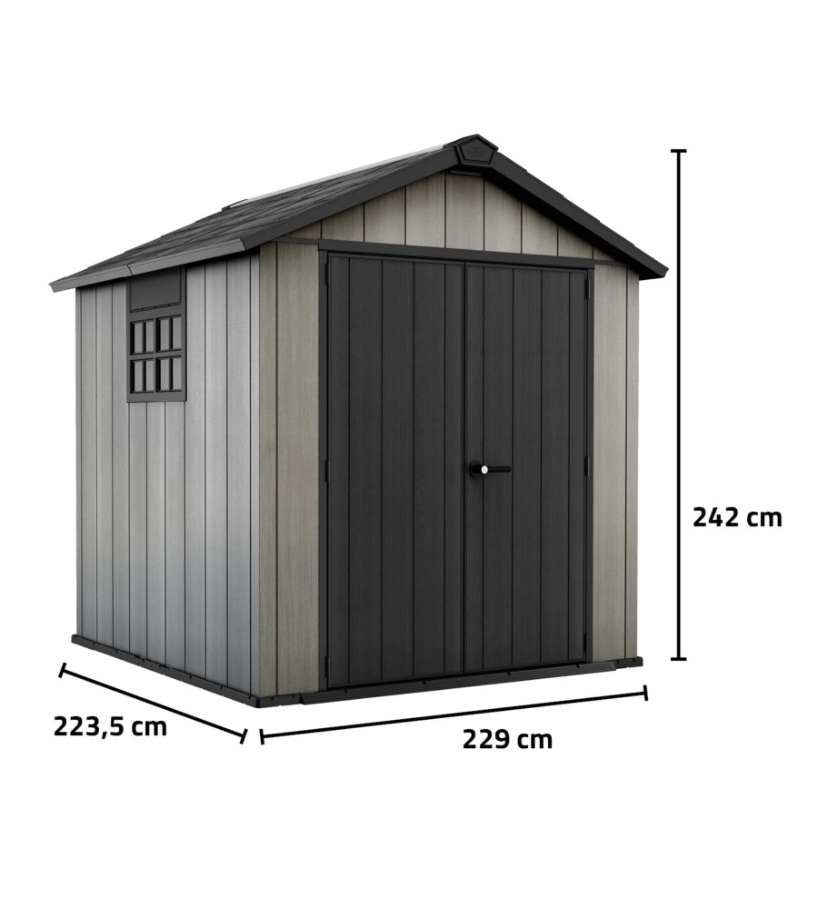 CASETTA DA GIARDINO KETER "OAKLAND 757" IN DUOTECH COLORE GRIGIO CON PORTA BATTENTE DOPPIA 229X223,5X242 CM