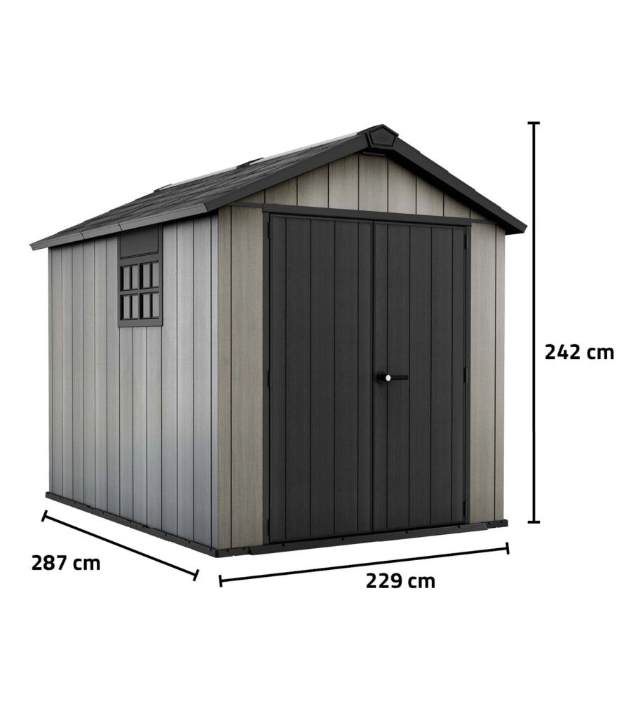 CASETTA DA GIARDINO KETER "OAKLAND 759" IN DUOTECH COLORE GRIGIO CON PORTA BATTENTE DOPPIA 229X287X242 CM