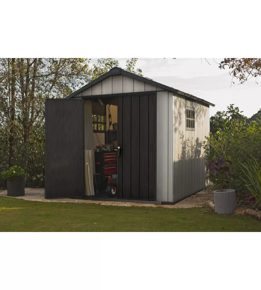 CASETTA DA GIARDINO KETER "OAKLAND 7511" IN DUOTECH COLORE GRIGIO CON PORTA BATTENTE DOPPIA 230X350X242 CM
