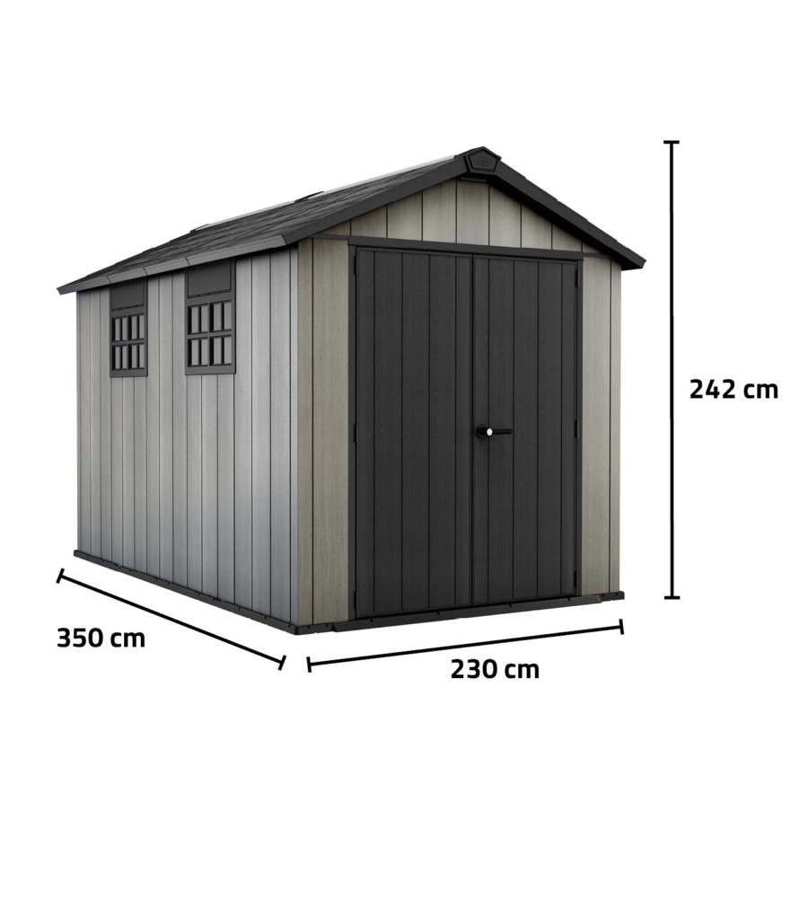 CASETTA DA GIARDINO KETER "OAKLAND 7511" IN DUOTECH COLORE GRIGIO CON PORTA BATTENTE DOPPIA 230X350X242 CM