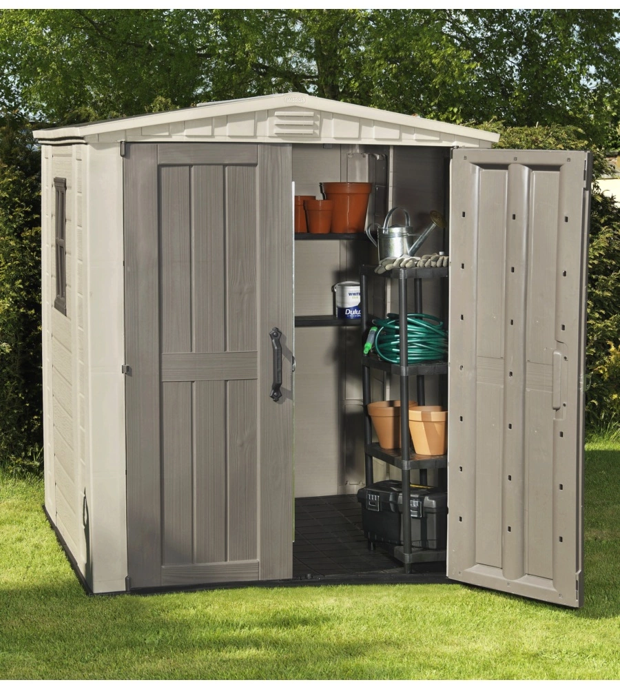 CASETTA DA GIARDINO KETER "FACTOR 6x6" IN RESINA COLORE BEIGE CON PORTA BATTENTE DOPPIA 178X195,5X208 CM