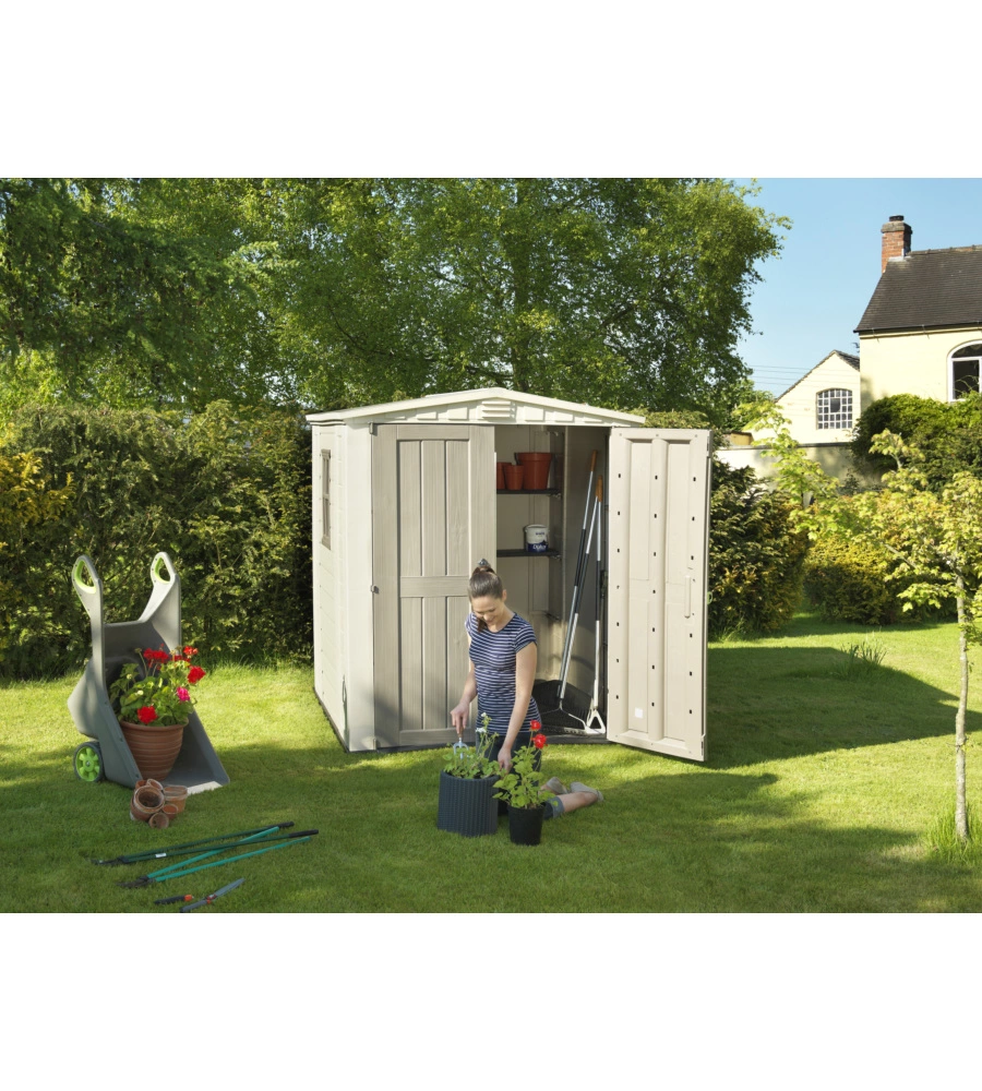 CASETTA DA GIARDINO KETER "FACTOR 6x6" IN RESINA COLORE BEIGE CON PORTA BATTENTE DOPPIA 178X195,5X208 CM