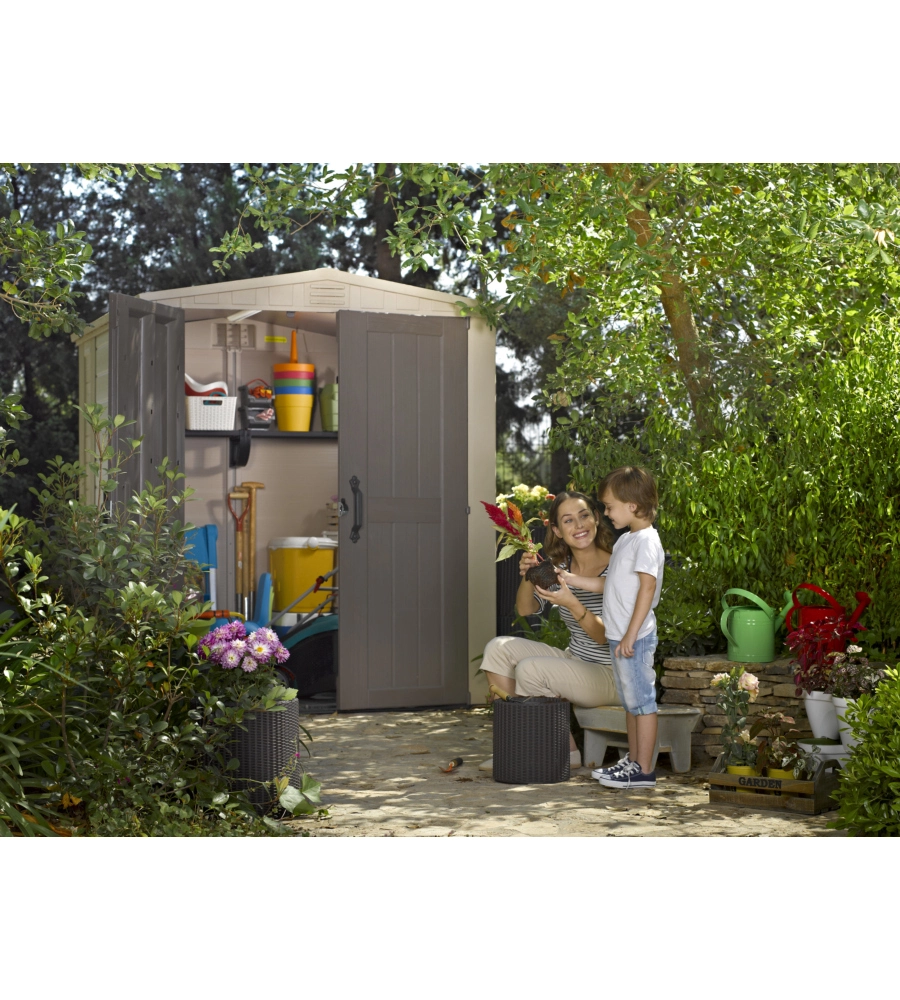 CASETTA DA GIARDINO KETER "FACTOR 6x6" IN RESINA COLORE BEIGE CON PORTA BATTENTE DOPPIA 178X195,5X208 CM