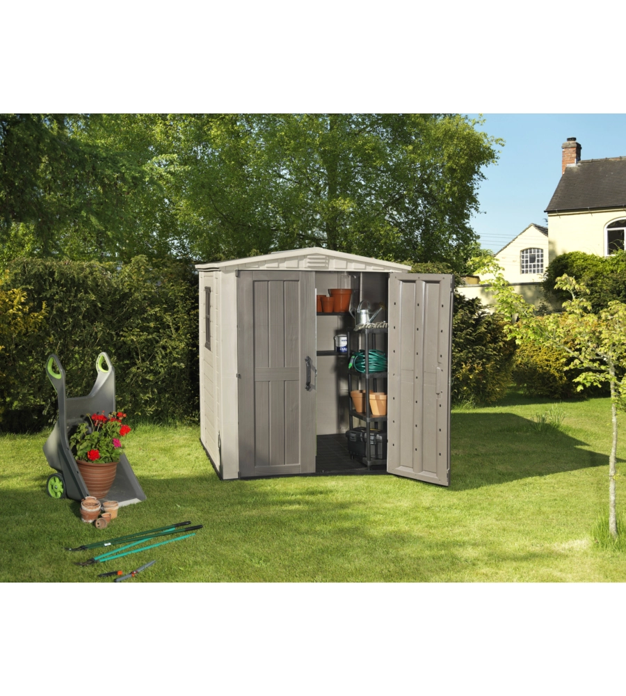 CASETTA DA GIARDINO KETER "FACTOR 6x6" IN RESINA COLORE BEIGE CON PORTA BATTENTE DOPPIA 178X195,5X208 CM