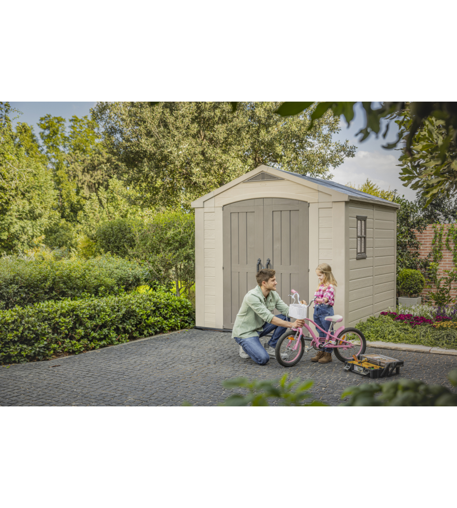 CASETTA DA GIARDINO KETER "FACTOR 8x8" IN RESINA COLORE BEIGE CON PORTA BATTENTE DOPPIA 256,5X255X243 CM