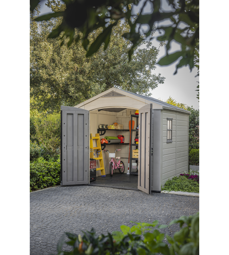 CASETTA DA GIARDINO KETER "FACTOR 8x8" IN RESINA COLORE BEIGE CON PORTA BATTENTE DOPPIA 256,5X255X243 CM