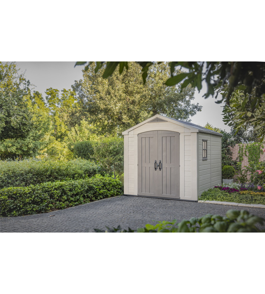 CASETTA DA GIARDINO KETER "FACTOR 8x8" IN RESINA COLORE BEIGE CON PORTA BATTENTE DOPPIA 256,5X255X243 CM