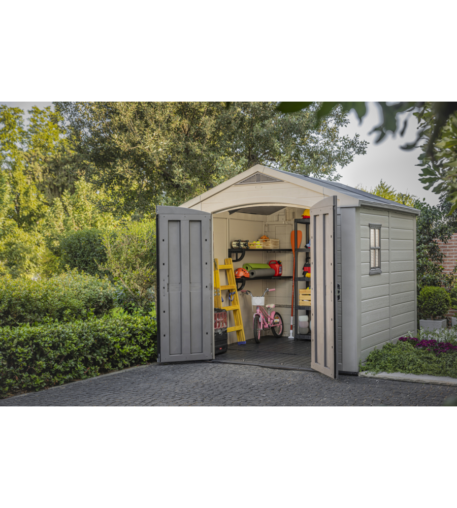 CASETTA DA GIARDINO KETER "FACTOR 8x8" IN RESINA COLORE BEIGE CON PORTA BATTENTE DOPPIA 256,5X255X243 CM