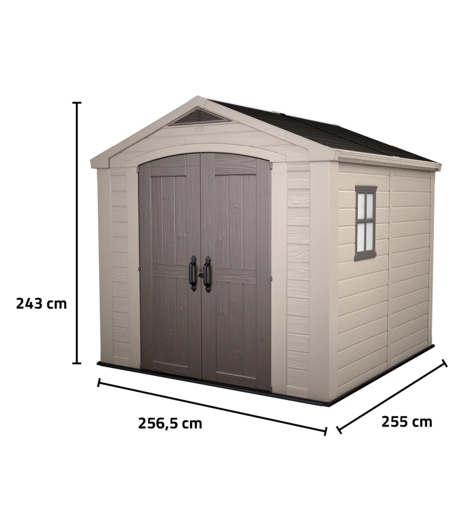 CASETTA DA GIARDINO KETER "FACTOR 8x8" IN RESINA COLORE BEIGE CON PORTA BATTENTE DOPPIA 256,5X255X243 CM