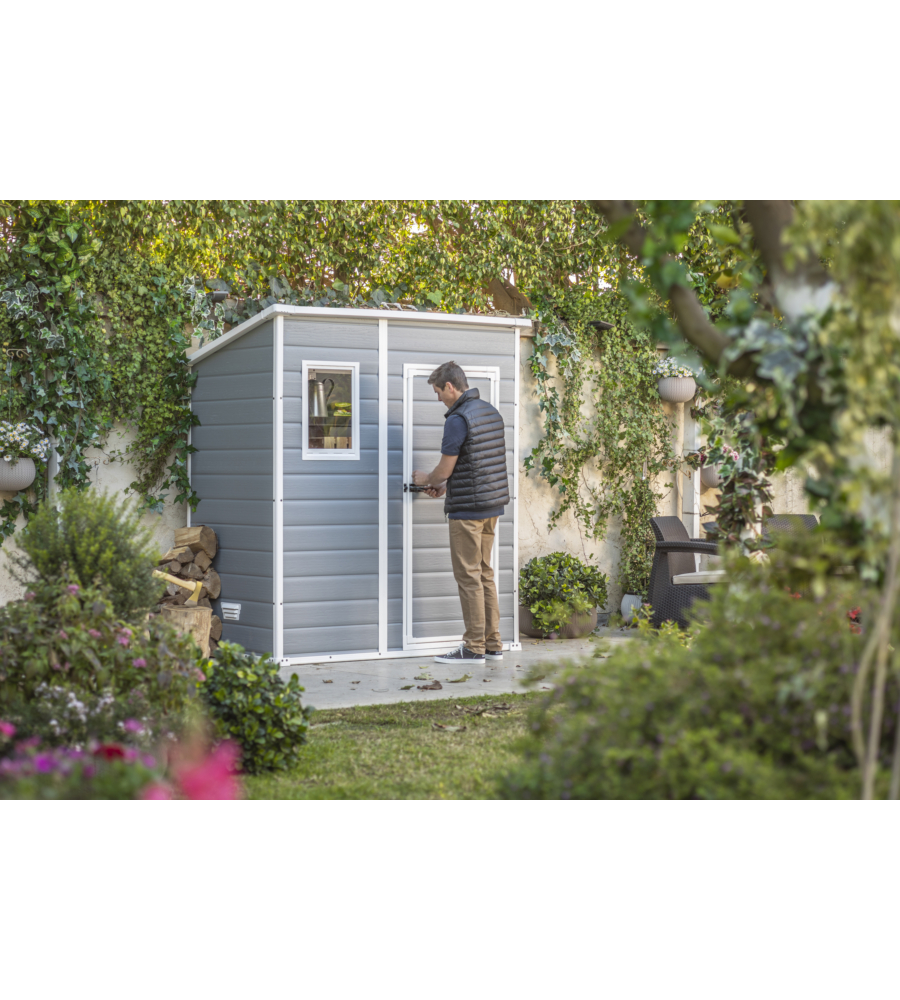 CASETTA DA GIARDINO KETER "MANOR PENT 6x4" IN RESINA COLORE GRIGIO CON PORTA BATTENTE SINGOLA 183,5X111X200,5 CM