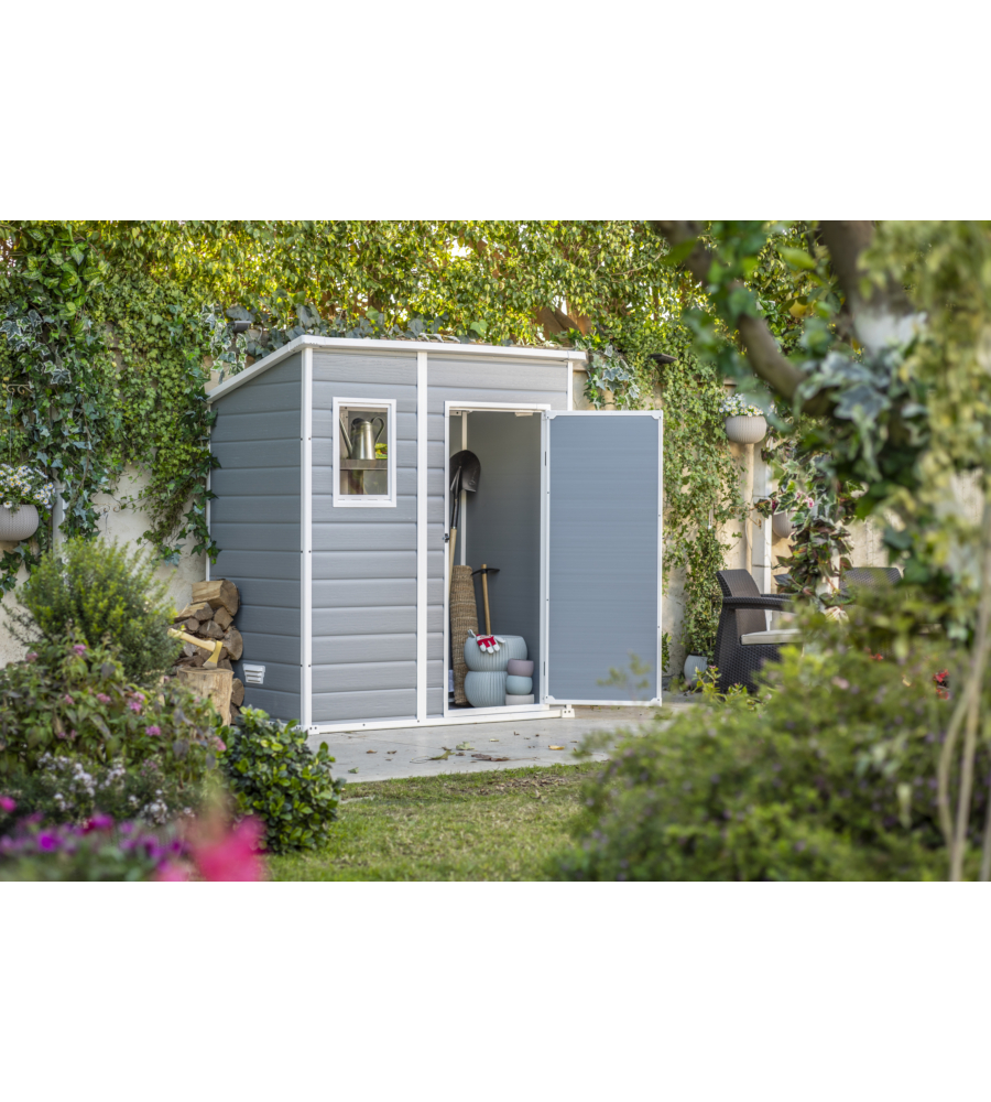 CASETTA DA GIARDINO KETER "MANOR PENT 6x4" IN RESINA COLORE GRIGIO CON PORTA BATTENTE SINGOLA 183,5X111X200,5 CM