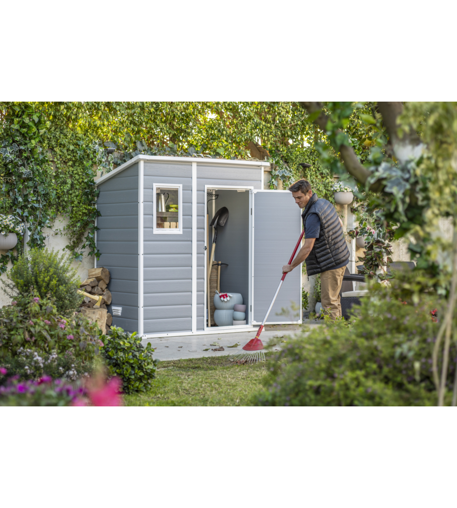 CASETTA DA GIARDINO KETER "MANOR PENT 6x4" IN RESINA COLORE GRIGIO CON PORTA BATTENTE SINGOLA 183,5X111X200,5 CM