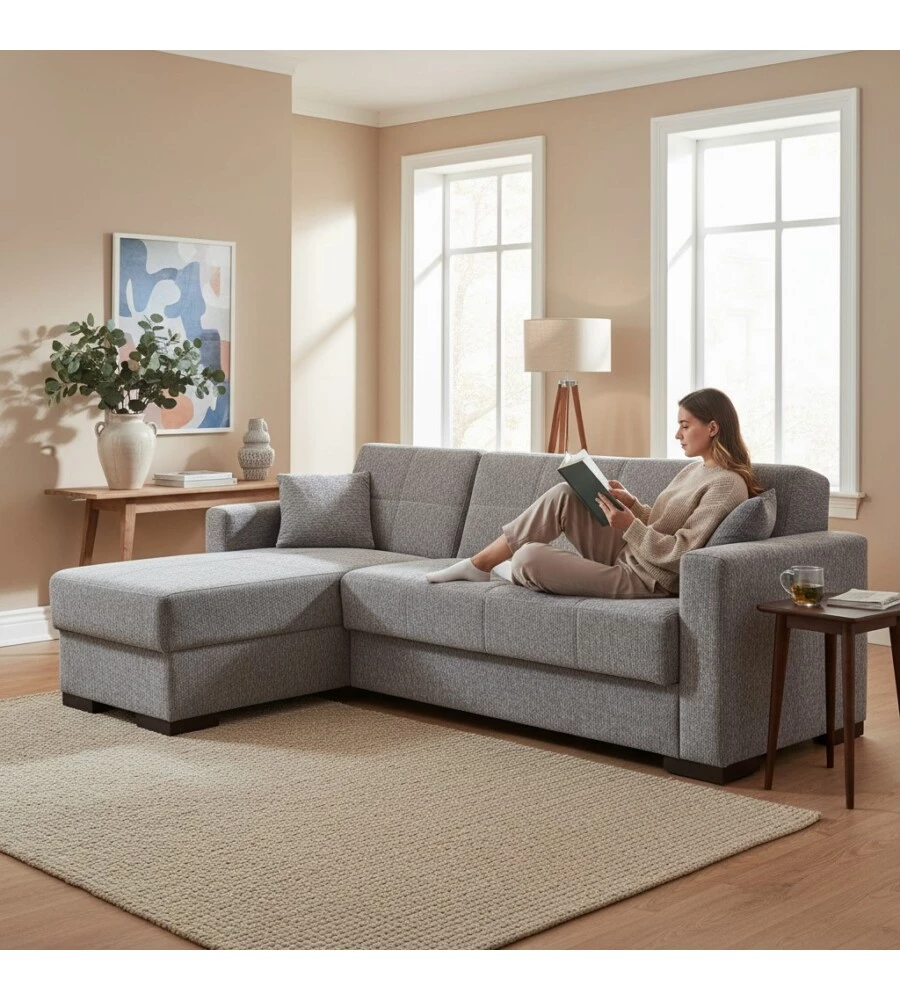 DIVANO LETTO "MERLIN" IN TESSUTO GRIGIO CON CASSETTONE E PENISOLA REVERSIBILE 225X150X81 CM