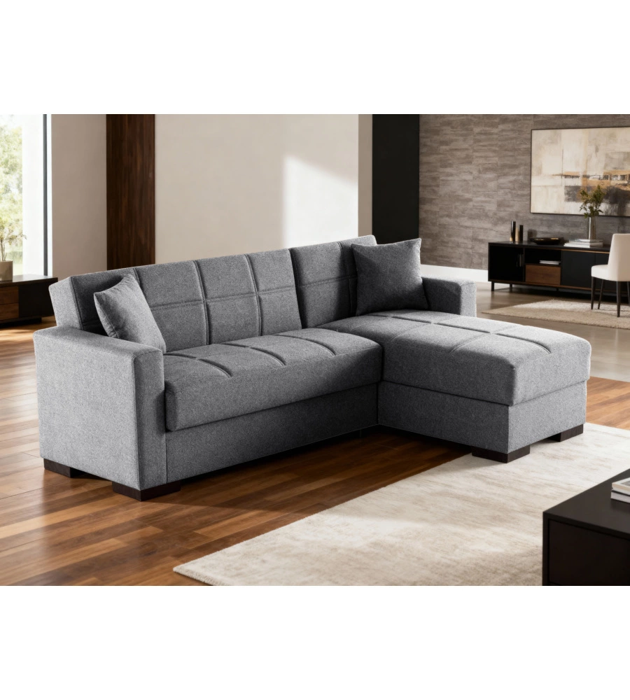 DIVANO LETTO "MERLIN" IN TESSUTO GRIGIO CON CASSETTONE E PENISOLA REVERSIBILE 225X150X81 CM